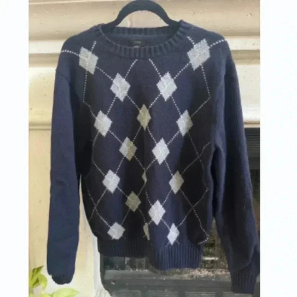 Jcrew Men's Sweater Large Navy Blue 100% Lambs Wool Crewneck Argyle Pullover - Picture 1 of 7